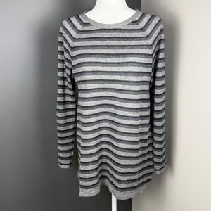 Eileen Fisher Striped Merino Wool Alpaca Tencel Tunic Sweater Grey Womens Small